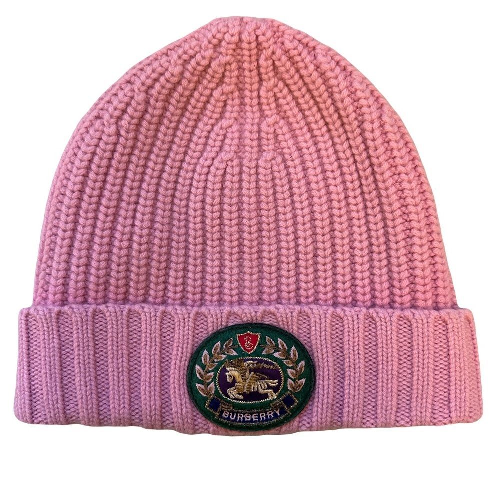 Burberry Crest Patch Wool and Cashmere Beanie Hat Pink One Size